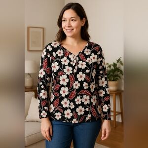 NWT Karen Scott Glitter Floral Henley Top, Black/Red/White, size L